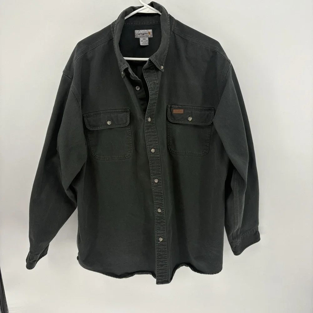Carhartt Men's Green Heavy Duty Button Up Long Sleeve Shirt Cotton Twill 2XL